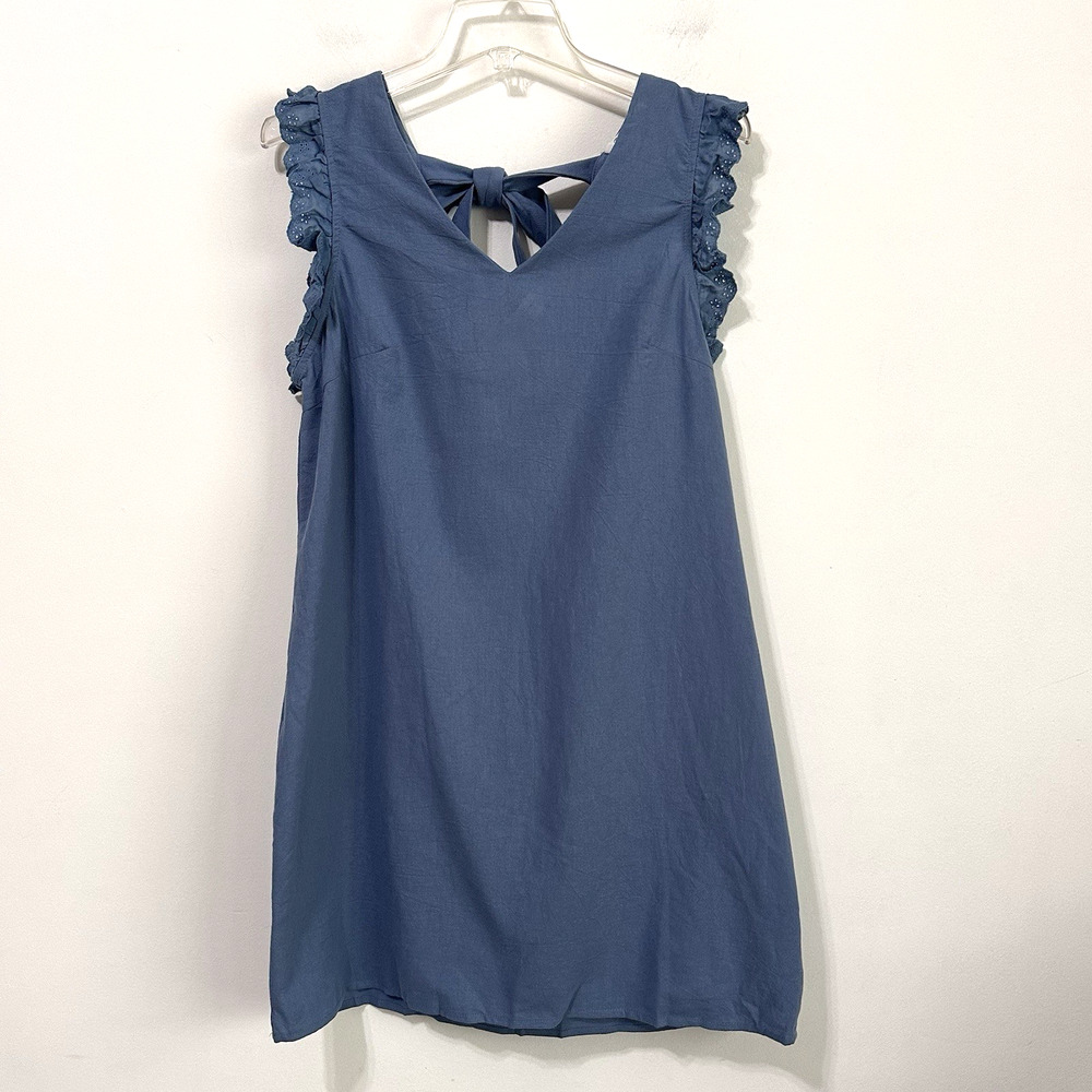 Cupshe Darling Details Mini Dress L Blue Tie Back Summer Travel Party Ruffle NEW